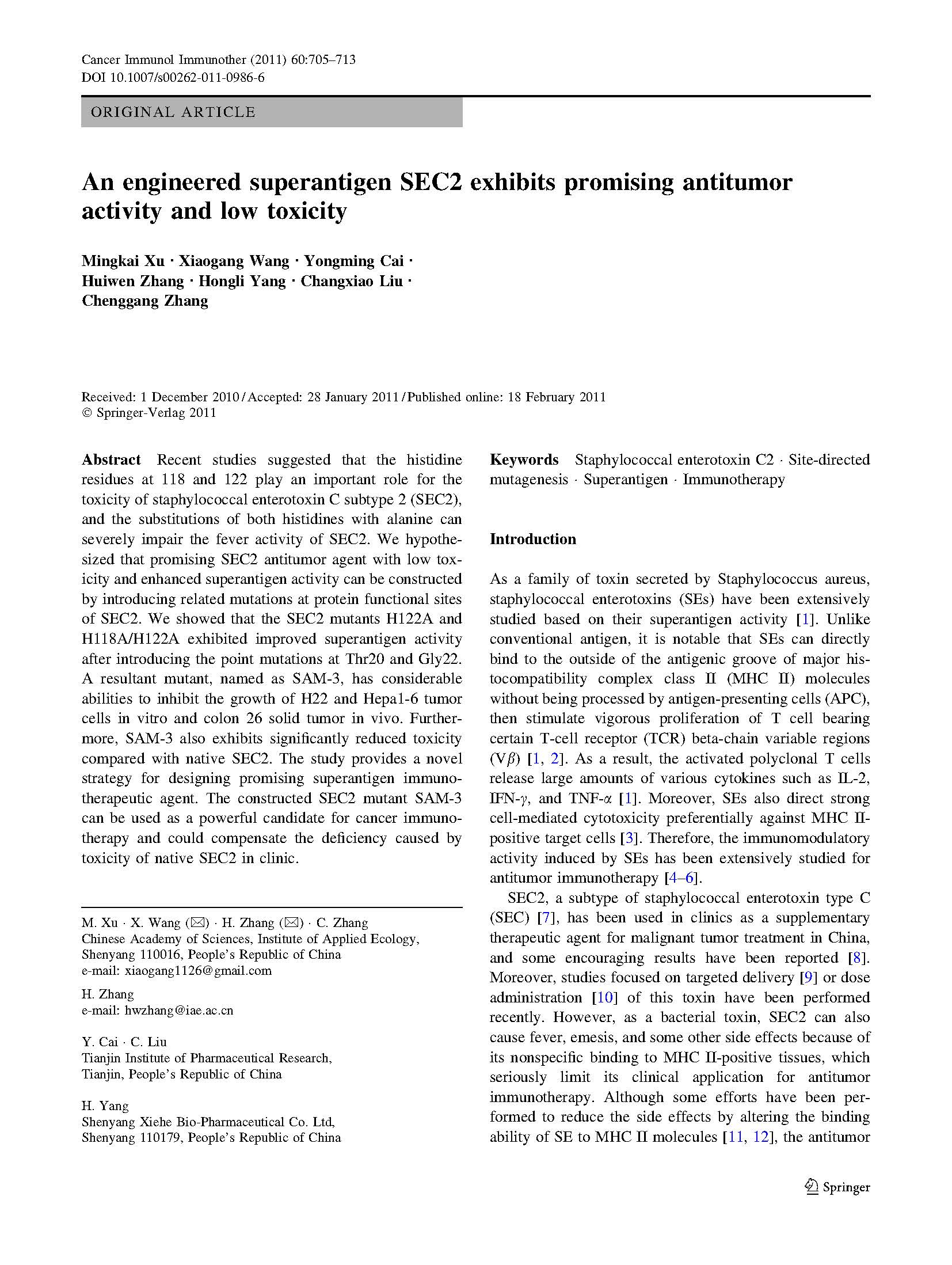 An engineered superantigen SEC2 exhibits promising antitumor